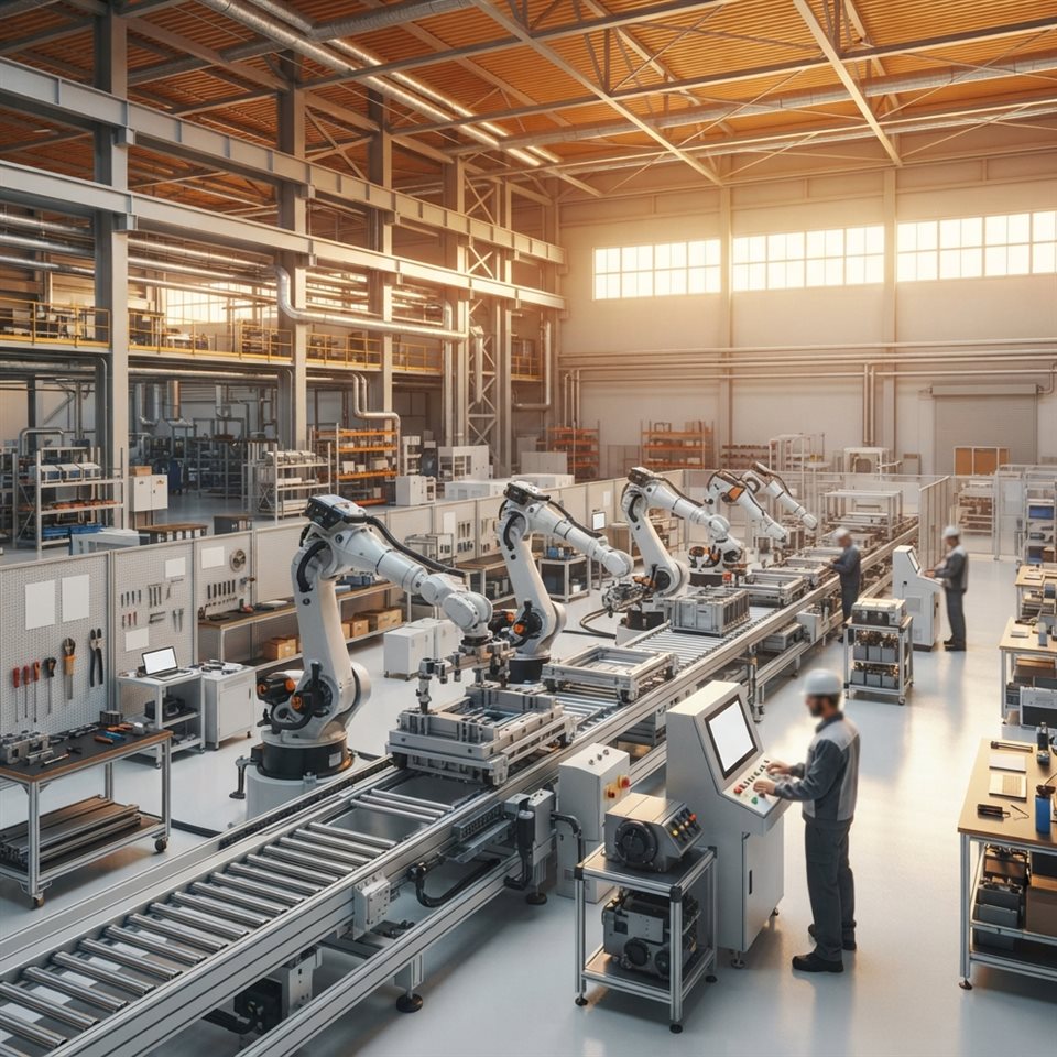 Photorealistic photo of An organized industrial manufacturing facility with clean mechanical arms, wide shot with open space at the top for text, warm golden light, calm mood, 1:1 aspect ratio