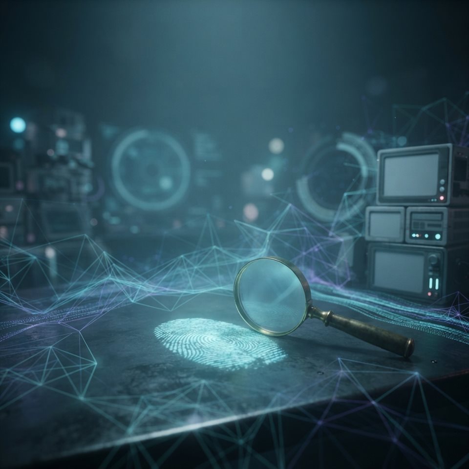 Soft 3D render of Glowing digital data network overlaying a vintage fingerprint and magnifying glass on a dark cyber investigation background, modern tech thriller mood, 16:9 aspect ratio, wide shot with open space at the top for text, misty morning haze, dreamy, 1:1 aspect ratio