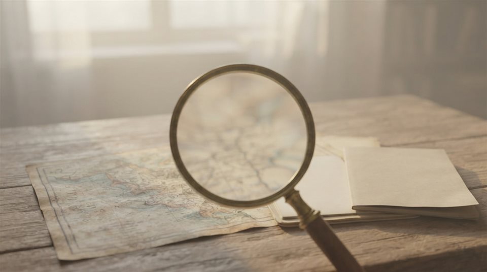 Soft 3D render of a magnifying glass inspecting a map and documents on a wooden desk, centered subject with a simple uncluttered composition, misty morning haze, dreamy, 16:9 aspect ratio