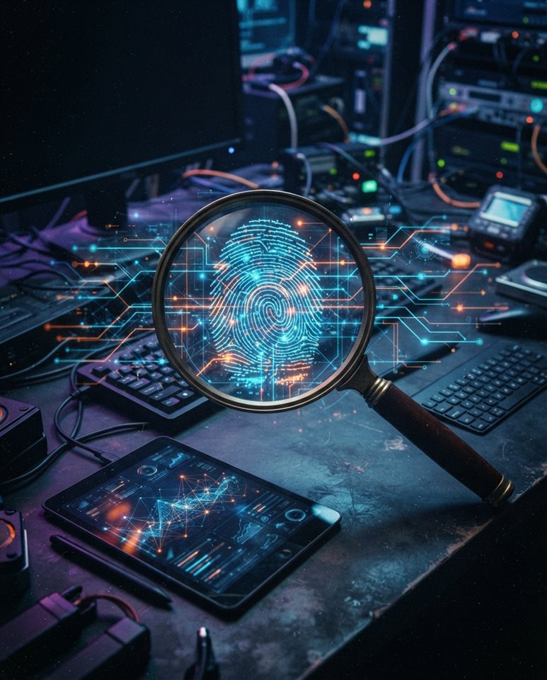 Cinematic film still of Glowing digital data network overlaying a vintage fingerprint and magnifying glass on a dark cyber investigation background, modern tech thriller mood, 16:9 aspect ratio, high-angle view from above, vivid colors, high contrast, energetic, 4:5 aspect ratio