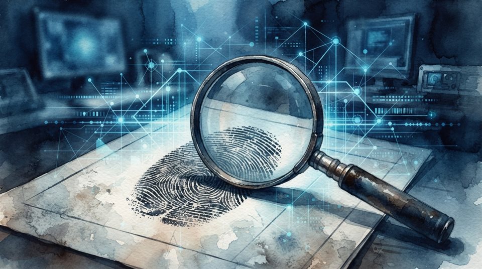 Watercolor illustration of Glowing digital data network overlaying a vintage fingerprint and magnifying glass on a dark cyber investigation background, modern tech thriller mood, 16:9 aspect ratio, close-up detail with shallow depth of field, cool blue tones, quiet atmosphere, 16:9 aspect ratio