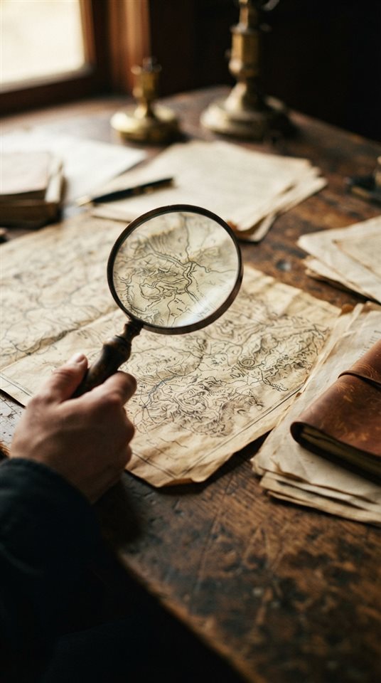 Cinematic film still of a magnifying glass inspecting a map and documents on a wooden desk, close-up detail with shallow depth of field, vivid colors, high contrast, energetic, 9:16 aspect ratio