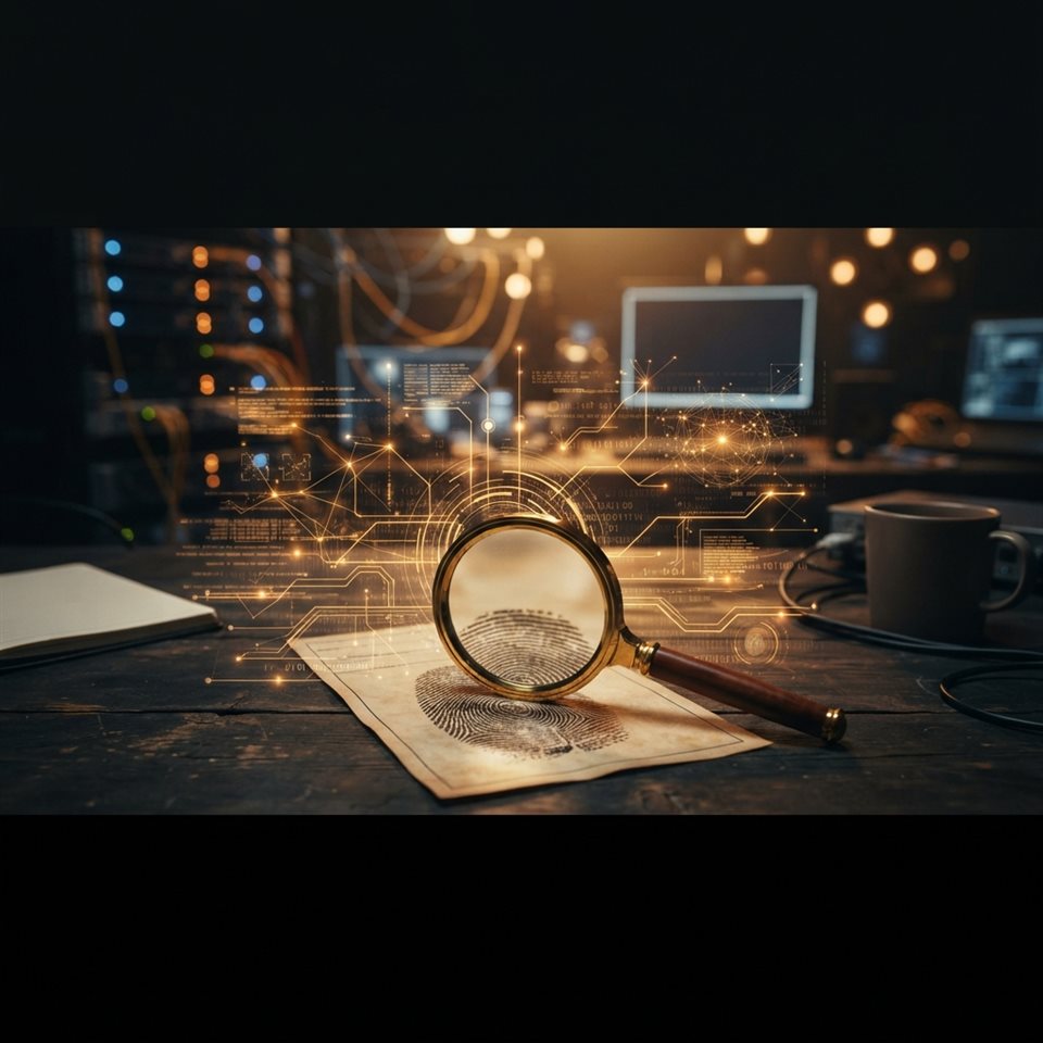 Photorealistic photo of Glowing digital data network overlaying a vintage fingerprint and magnifying glass on a dark cyber investigation background, modern tech thriller mood, 16:9 aspect ratio, wide shot with open space at the top for text, warm golden light, calm mood, 1:1 aspect ratio