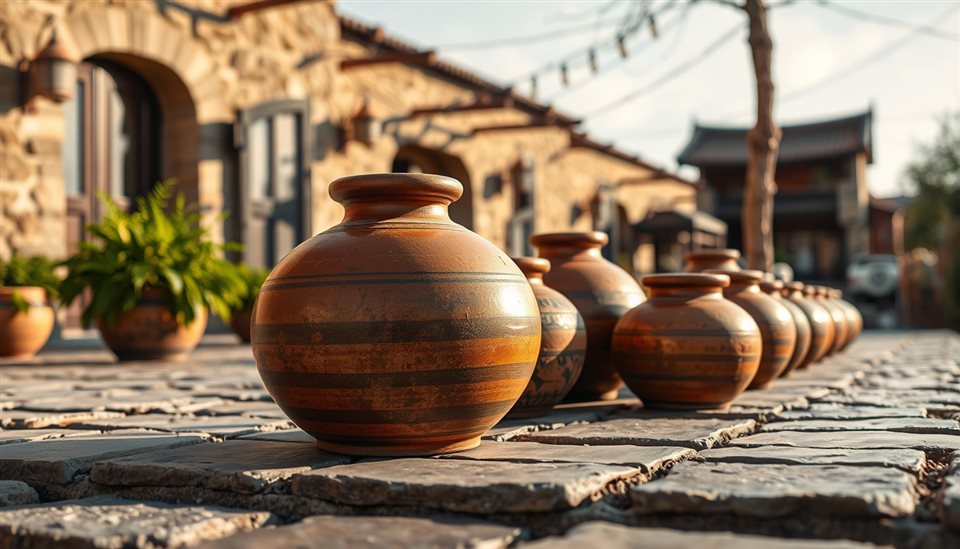 Photorealistic photo of Traditional brown earthenware pottery jars resting peacefully on a stone patio, close-up detail with shallow depth of field, warm golden light, calm mood, 16:9 aspect ratio