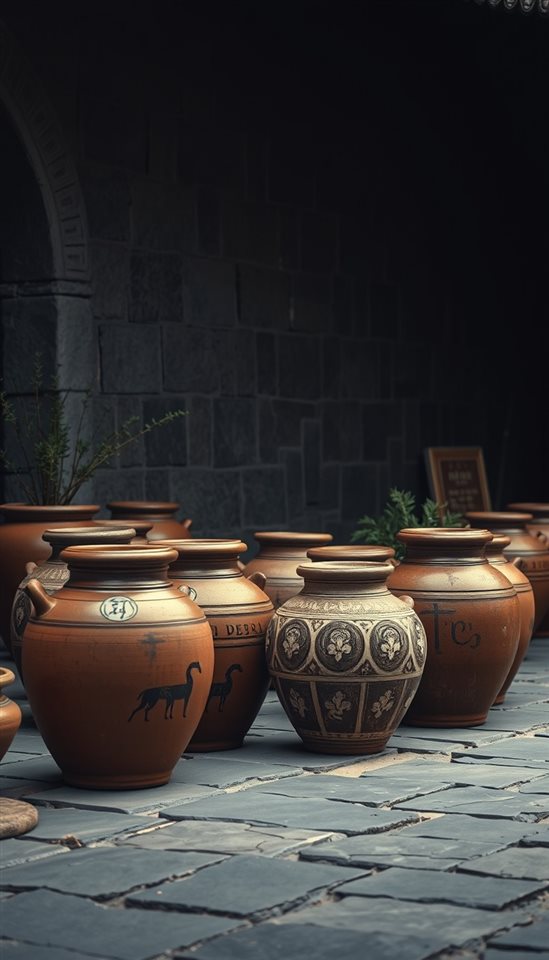 Photorealistic photo of Traditional brown earthenware pottery jars resting peacefully on a stone patio, wide shot with open space at the top for text, moody dark tones, dramatic lighting, 9:16 aspect ratio