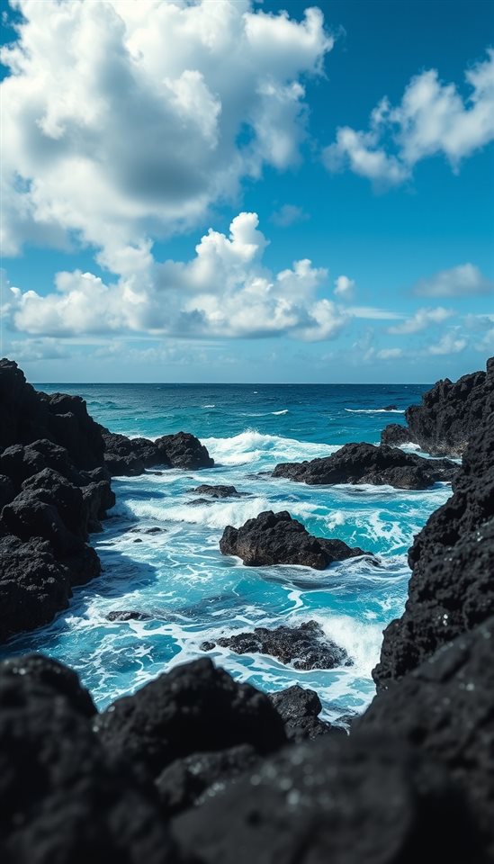 Photorealistic photo of Black volcanic basalt rocks meeting turquoise ocean waves under a bright blue sky with fluffy white clouds., close-up detail with shallow depth of field, moody dark tones, dramatic lighting, 9:16 aspect ratio