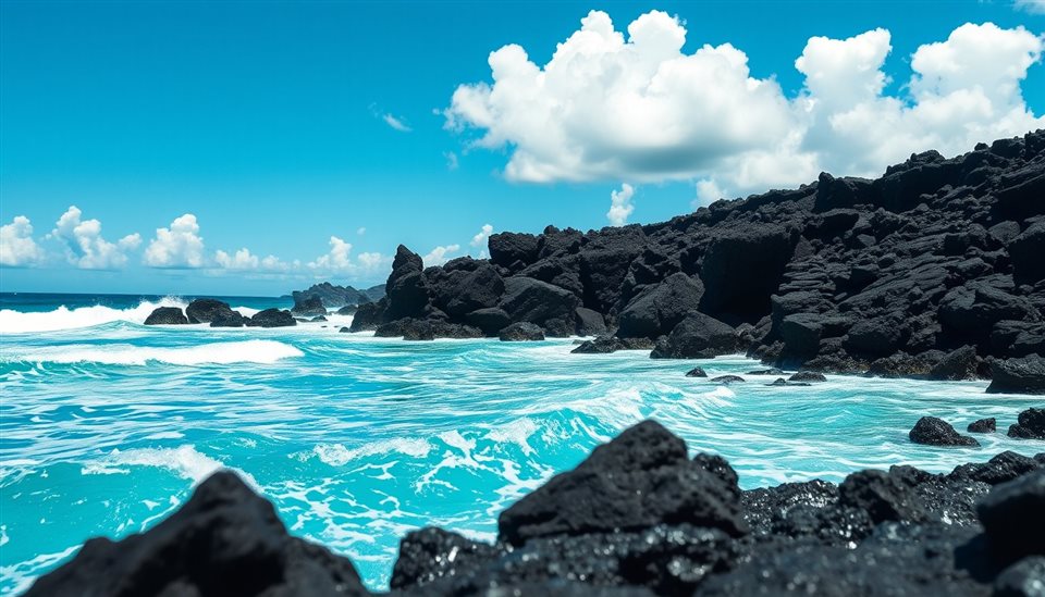 Cinematic film still of Black volcanic basalt rocks meeting turquoise ocean waves under a bright blue sky with fluffy white clouds., close-up detail with shallow depth of field, vivid colors, high contrast, energetic, 16:9 aspect ratio
