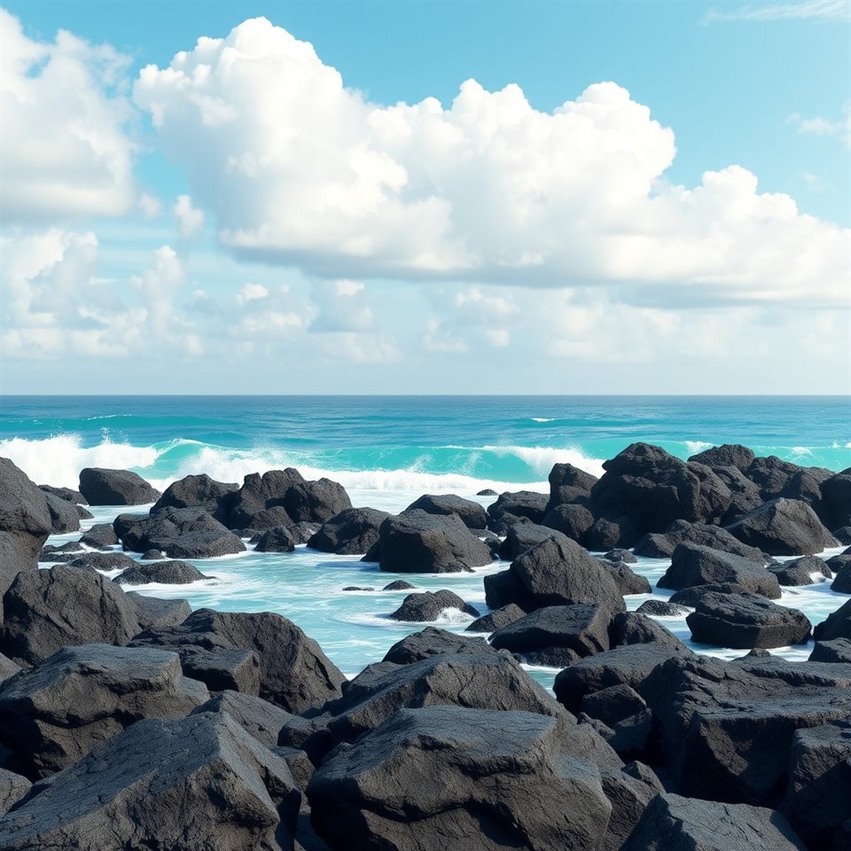 Soft 3D render of Black volcanic basalt rocks meeting turquoise ocean waves under a bright blue sky with fluffy white clouds., wide shot with open space at the top for text, misty morning haze, dreamy, 1:1 aspect ratio