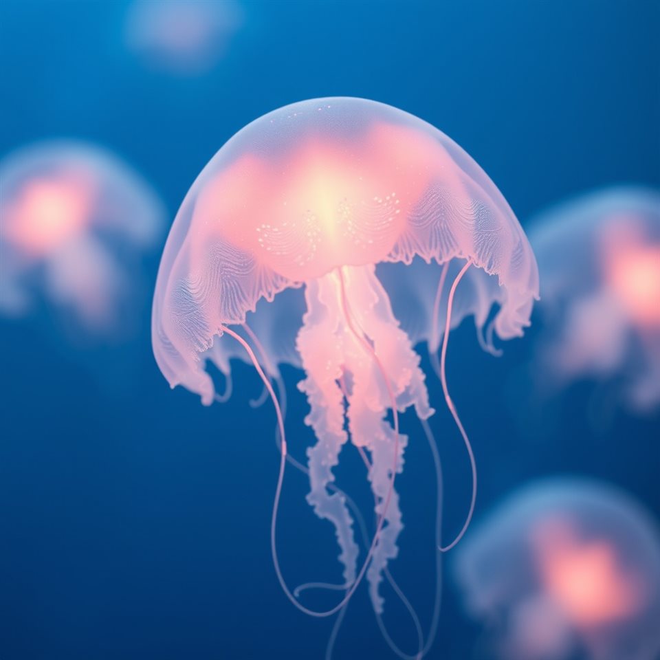 Soft 3D render of Translucent bioluminescent jellyfish glowing gently while floating in the deep blue ocean water, close-up detail with shallow depth of field, misty morning haze, dreamy, 1:1 aspect ratio