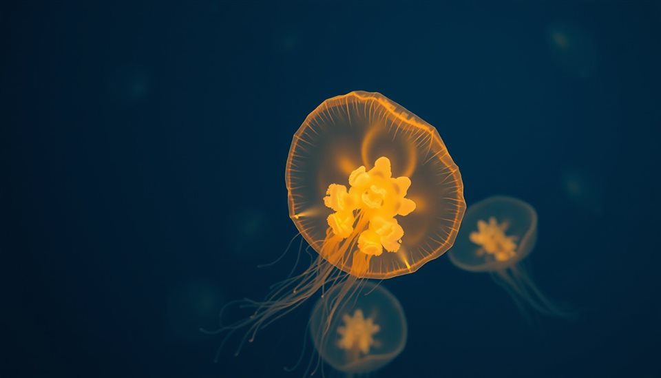 Photorealistic photo of Translucent bioluminescent jellyfish glowing gently while floating in the deep blue ocean water, high-angle view from above, warm golden light, calm mood, 16:9 aspect ratio