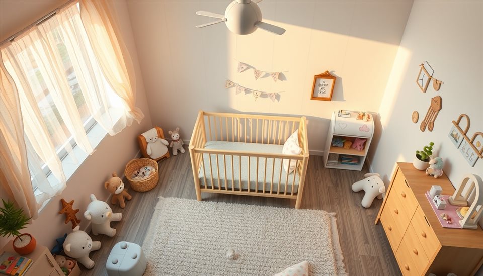 Photorealistic photo of A bright and cozy children's bedroom decorated with pastel toys, a wooden crib, and a soft rug., high-angle view from above, warm golden light, calm mood, 16:9 aspect ratio