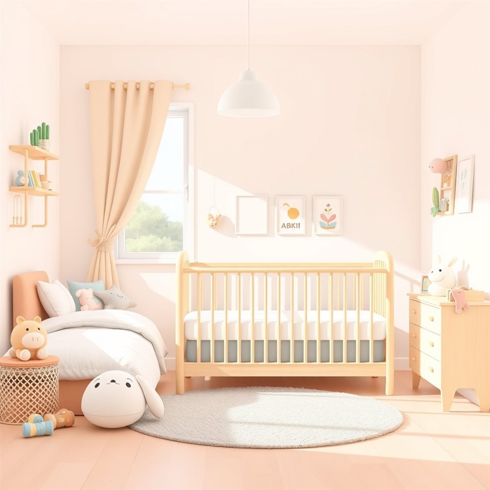 Minimal flat illustration of A bright and cozy children's bedroom decorated with pastel toys, a wooden crib, and a soft rug., close-up detail with shallow depth of field, soft pastel colors, bright and cozy, 1:1 aspect ratio