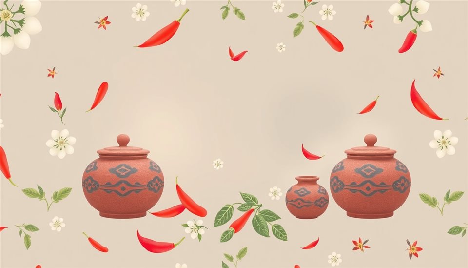 Soft 3D render of A traditional Korean folk art pattern featuring stylized white radishes, red chili peppers, and traditional earthenware pots., centered subject with a simple uncluttered composition, misty morning haze, dreamy, 16:9 aspect ratio