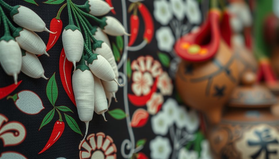 Cinematic film still of A traditional Korean folk art pattern featuring stylized white radishes, red chili peppers, and traditional earthenware pots., close-up detail with shallow depth of field, vivid colors, high contrast, energetic, 16:9 aspect ratio
