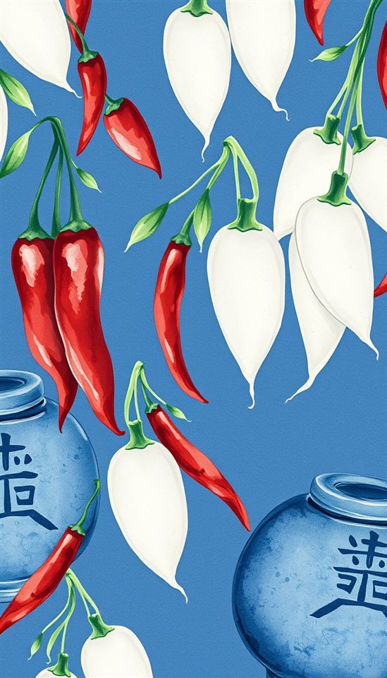 양념된 무, 붉은 고추, 전통 항아리 등이 감각적으로 어우러진 한국풍 일러스트 패턴, 수채화 일러스트, 가까이 담은 디테일, 얕은 심도, 차가운 푸른 톤, 고요한 분위기, 9:16 비율