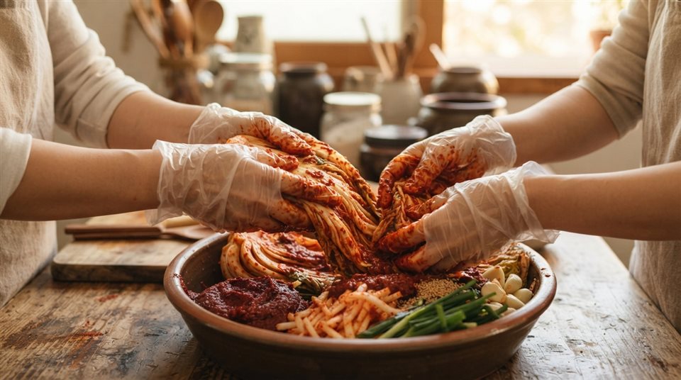 Photorealistic photo of making kimchi together with red pepper paste and cabbage, hands only, close-up detail with shallow depth of field, warm golden light, calm mood, 16:9 aspect ratio