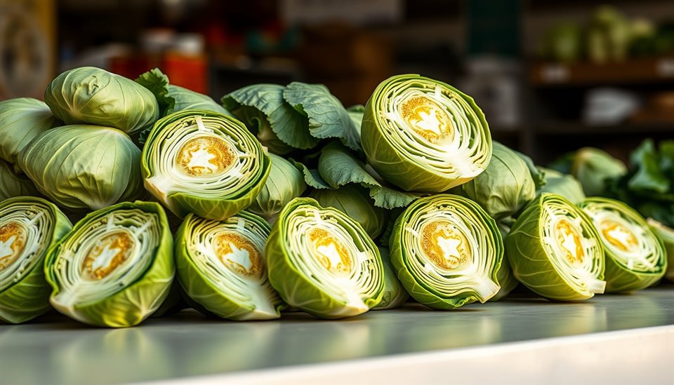 Photorealistic photo of Freshly harvested green napa cabbages halved and piled neatly on a clean surface, close-up detail with shallow depth of field, warm golden light, calm mood, 16:9 aspect ratio