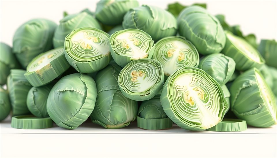 Minimal flat illustration of Freshly harvested green napa cabbages halved and piled neatly on a clean surface, close-up detail with shallow depth of field, soft pastel colors, bright and cozy, 16:9 aspect ratio