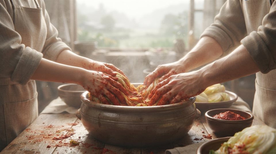 Soft 3D render of making kimchi together with red pepper paste and cabbage, hands only, close-up detail with shallow depth of field, misty morning haze, dreamy, 16:9 aspect ratio