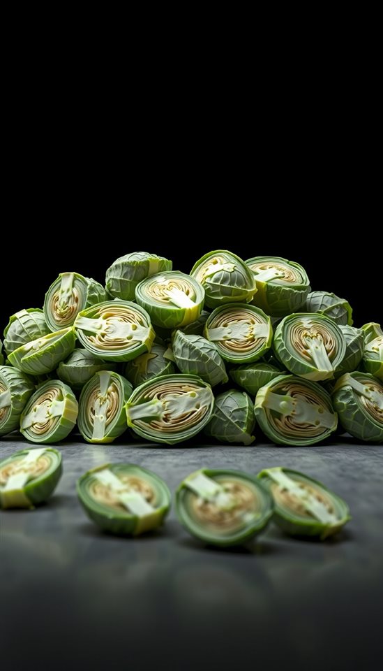 Photorealistic photo of Freshly harvested green napa cabbages halved and piled neatly on a clean surface, wide shot with open space at the top for text, moody dark tones, dramatic lighting, 9:16 aspect ratio