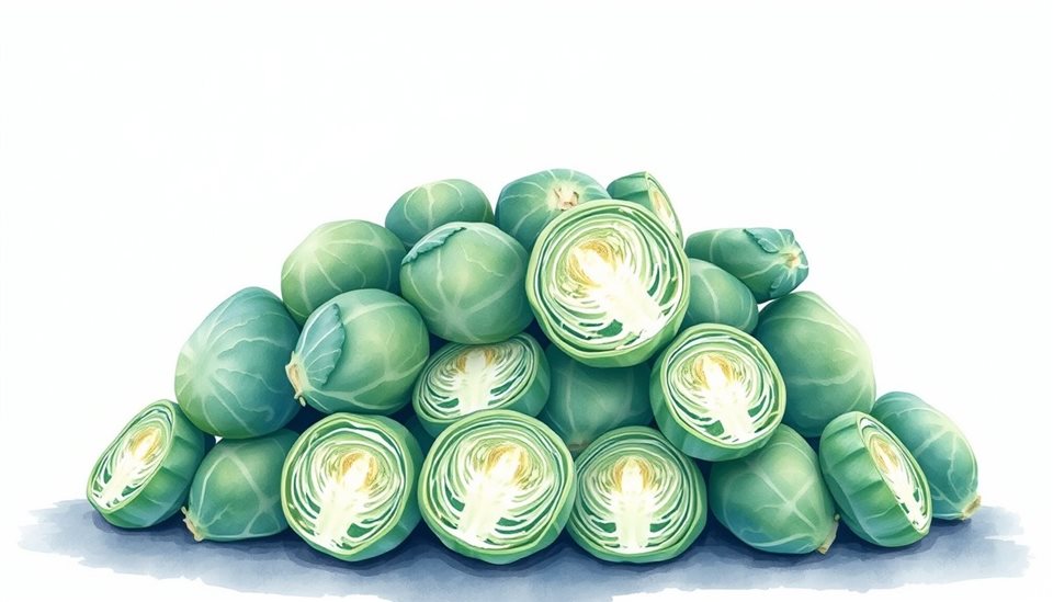 Watercolor illustration of Freshly harvested green napa cabbages halved and piled neatly on a clean surface, wide shot with open space at the top for text, cool blue tones, quiet atmosphere, 16:9 aspect ratio