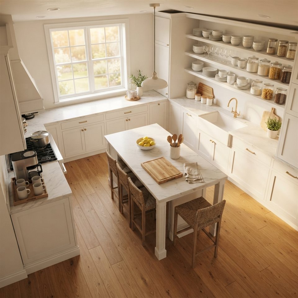 Photorealistic photo of a clean bright kitchen, high-angle view from above, warm golden light, calm mood, 1:1 aspect ratio