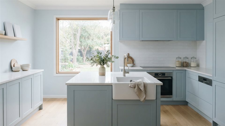 Photorealistic photo of a clean bright kitchen, centered subject with a simple uncluttered composition, cool blue tones, quiet atmosphere, 16:9 aspect ratio