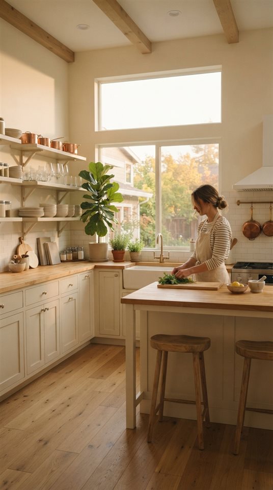 Cinematic film still of a clean bright kitchen, wide shot with open space at the top for text, warm golden light, calm mood, 9:16 aspect ratio