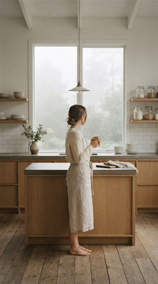 Cinematic film still of a clean bright kitchen, centered subject with a simple uncluttered composition, misty morning haze, dreamy, 9:16 aspect ratio