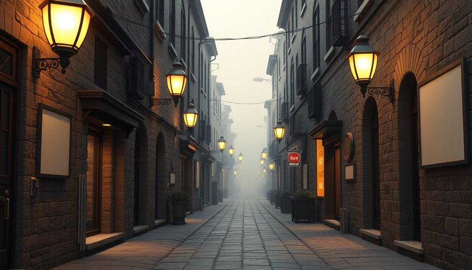 Soft 3D render of A quiet, narrow old alleyway with vintage stone walls and warm glowing street lamps, wide shot with open space at the top for text, misty morning haze, dreamy, 16:9 aspect ratio