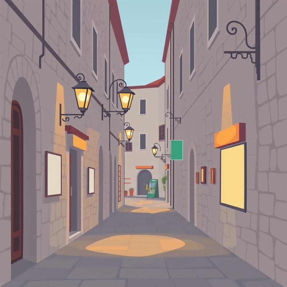 Minimal flat illustration of A quiet, narrow old alleyway with vintage stone walls and warm glowing street lamps, centered subject with a simple uncluttered composition, soft pastel colors, bright and cozy, 1:1 aspect ratio