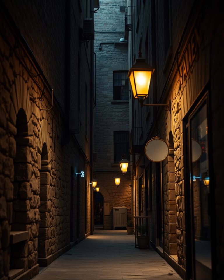 Photorealistic photo of A quiet, narrow old alleyway with vintage stone walls and warm glowing street lamps, close-up detail with shallow depth of field, moody dark tones, dramatic lighting, 4:5 aspect ratio