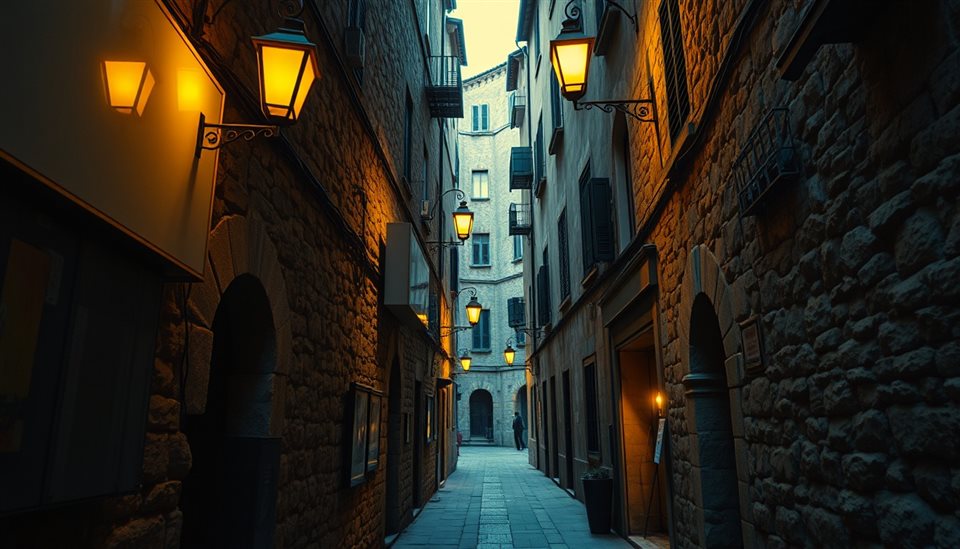 Cinematic film still of A quiet, narrow old alleyway with vintage stone walls and warm glowing street lamps, high-angle view from above, vivid colors, high contrast, energetic, 16:9 aspect ratio