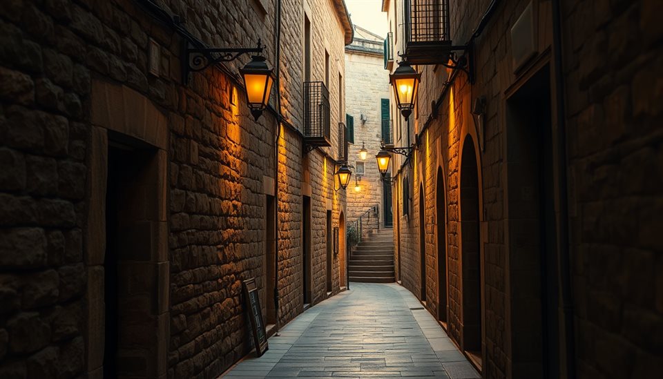 Photorealistic photo of A quiet, narrow old alleyway with vintage stone walls and warm glowing street lamps, wide shot with open space at the top for text, warm golden light, calm mood, 16:9 aspect ratio