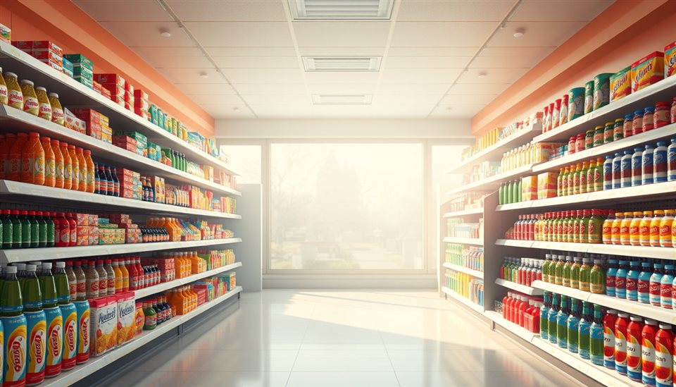 Soft 3D render of A brightly lit convenience store interior shelf neatly stacked with colorful packaged snacks and bottled drinks., wide shot with open space at the top for text, misty morning haze, dreamy, 16:9 aspect ratio