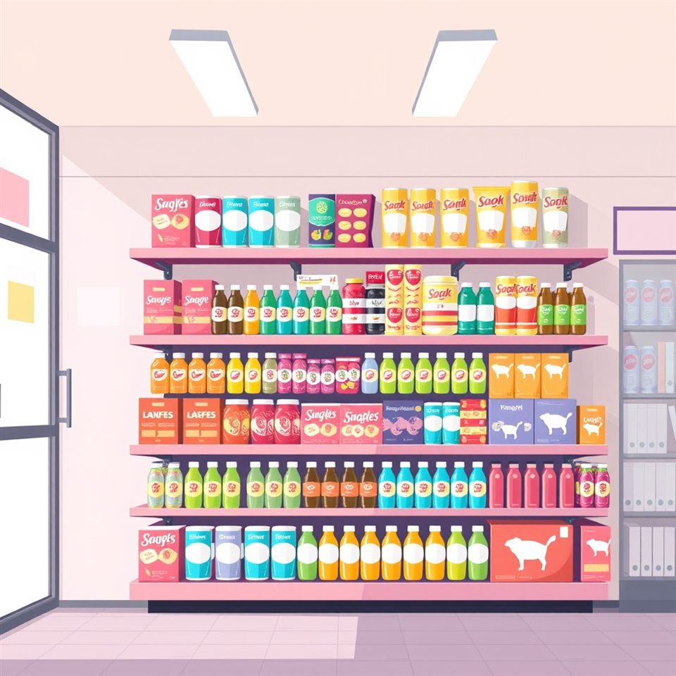 Minimal flat illustration of A brightly lit convenience store interior shelf neatly stacked with colorful packaged snacks and bottled drinks., centered subject with a simple uncluttered composition, soft pastel colors, bright and cozy, 1:1 aspect ratio