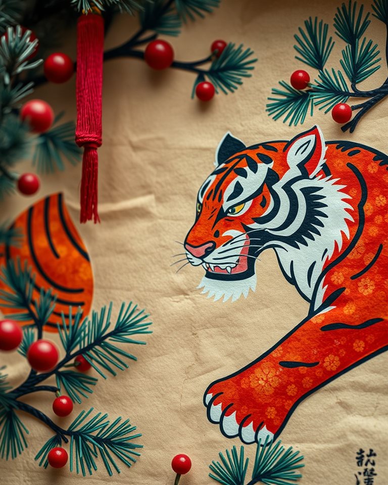 Cinematic film still of Traditional oriental art featuring stylized colorful tigers and pine branches on aged textured paper., close-up detail with shallow depth of field, vivid colors, high contrast, energetic, 4:5 aspect ratio