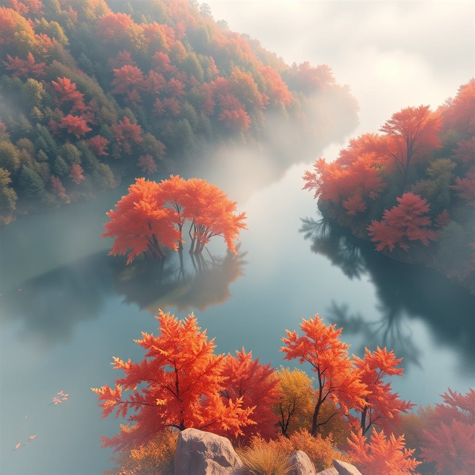 맑은 산정 호수에 비치는 선명한 가을 단풍을 보여주는 고요한 풍경, 부드러운 3D 렌더링, 위에서 내려다본 구도, 아침 안개, 몽환적인 분위기, 1:1 비율