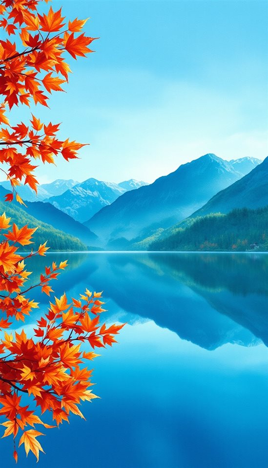 Watercolor illustration of A serene landscape showcasing vibrant autumn maple leaves reflecting on a clear mountain lake, wide shot with open space at the top for text, cool blue tones, quiet atmosphere, 9:16 aspect ratio