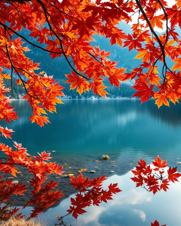 Cinematic film still of A serene landscape showcasing vibrant autumn maple leaves reflecting on a clear mountain lake, centered subject with a simple uncluttered composition, vivid colors, high contrast, energetic, 4:5 aspect ratio