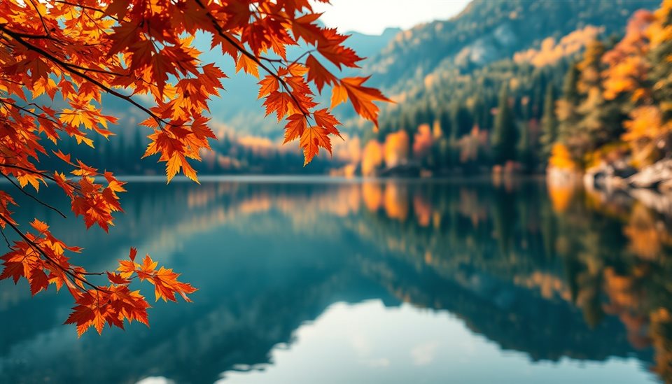 Photorealistic photo of A serene landscape showcasing vibrant autumn maple leaves reflecting on a clear mountain lake, close-up detail with shallow depth of field, warm golden light, calm mood, 16:9 aspect ratio