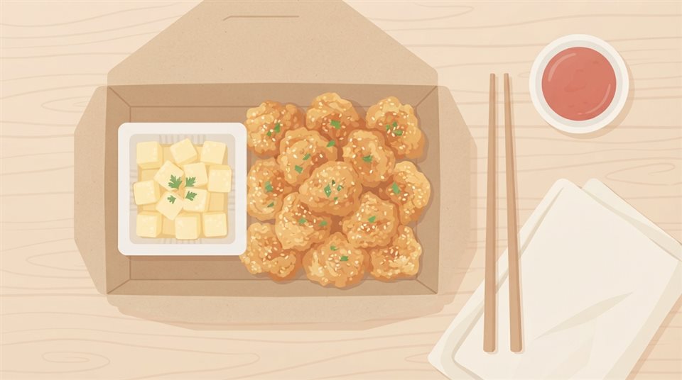 치킨무와 함께 상자에 담긴 바삭한 치킨, 미니멀 플랫 일러스트, 위에서 내려다본 구도, 부드러운 파스텔 색감, 밝고 포근한 분위기, 16:9 비율