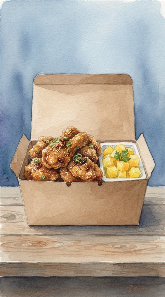 Watercolor illustration of crispy Korean fried chicken in a box with pickled radish, centered subject with a simple uncluttered composition, cool blue tones, quiet atmosphere, 9:16 aspect ratio