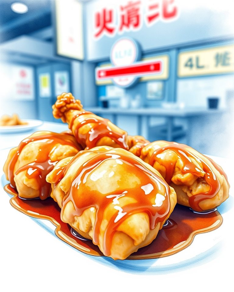 Watercolor illustration of Crispy golden fried chicken pieces glazed with a glossy sweet and savory sauce on a plate, close-up detail with shallow depth of field, cool blue tones, quiet atmosphere, 4:5 aspect ratio