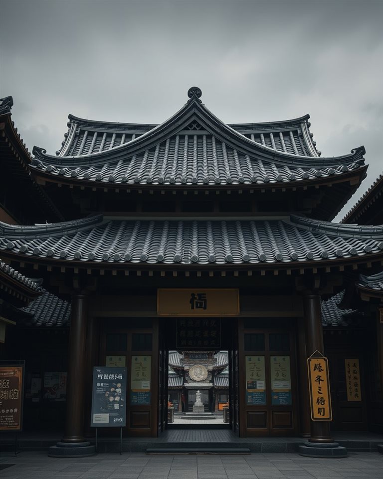 곡선미가 돋보이는 기와지붕과 화려한 처마가 어우러진 전통 목조 건축물, 사실적인 사진, 위쪽에 글자 넣을 여백이 있는 넓은 구도, 어두운 톤, 극적인 조명, 4:5 비율