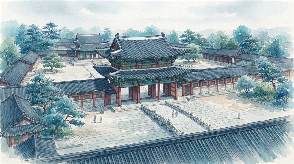 Watercolor illustration of a grand traditional Korean palace gate with colorful dancheong patterns, high-angle view from above, cool blue tones, quiet atmosphere, 16:9 aspect ratio