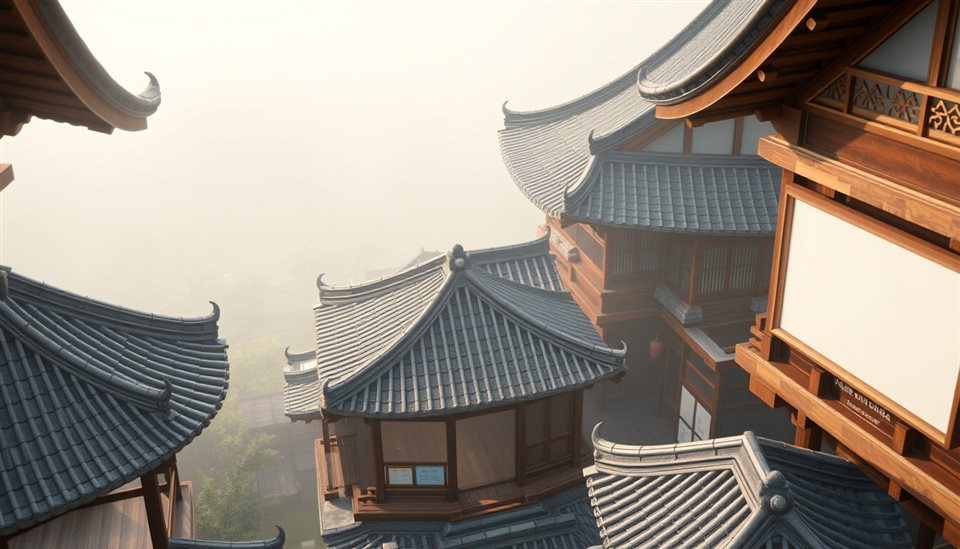 Soft 3D render of Traditional East Asian wooden pavilion architecture with curved tiled roofs and intricate eaves, high-angle view from above, misty morning haze, dreamy, 16:9 aspect ratio