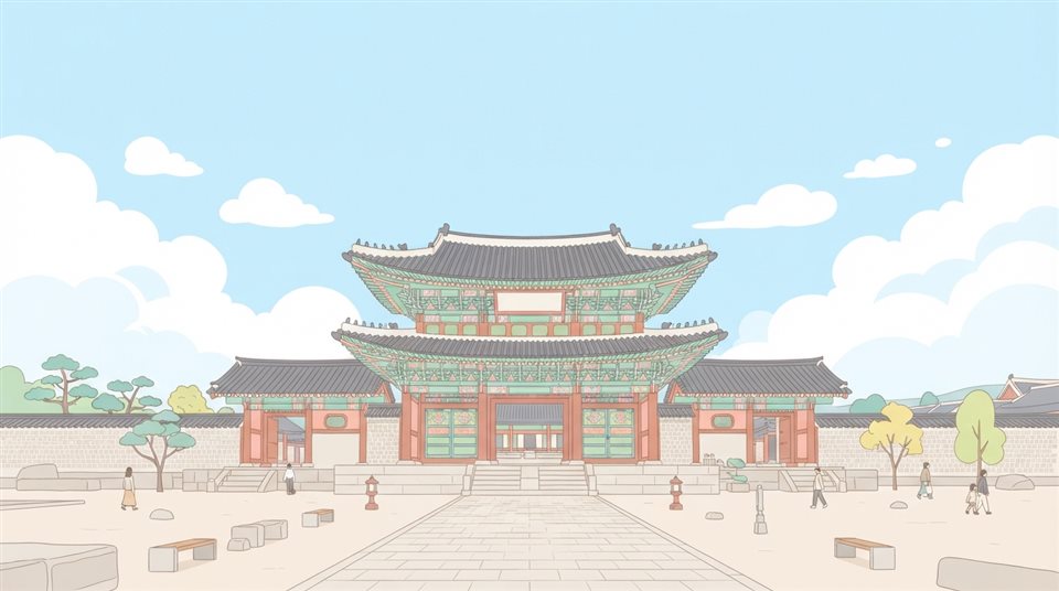 Minimal flat illustration of a grand traditional Korean palace gate with colorful dancheong patterns, wide shot with open space at the top for text, soft pastel colors, bright and cozy, 16:9 aspect ratio