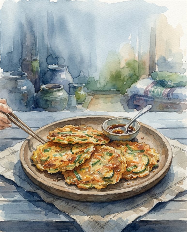 Watercolor illustration of golden Korean pancakes jeon on a wooden plate, wide shot with open space at the top for text, cool blue tones, quiet atmosphere, 4:5 aspect ratio
