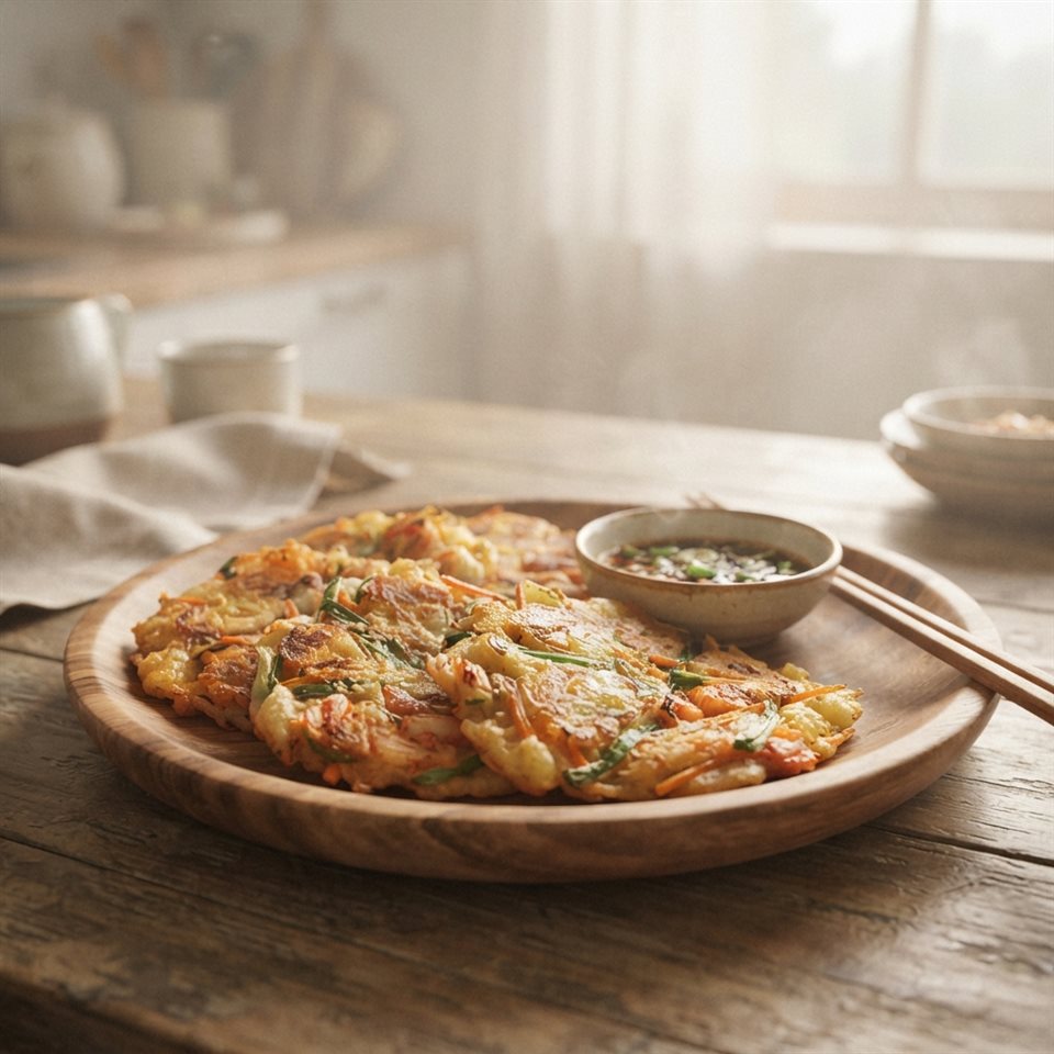 Soft 3D render of golden Korean pancakes jeon on a wooden plate, close-up detail with shallow depth of field, misty morning haze, dreamy, 1:1 aspect ratio